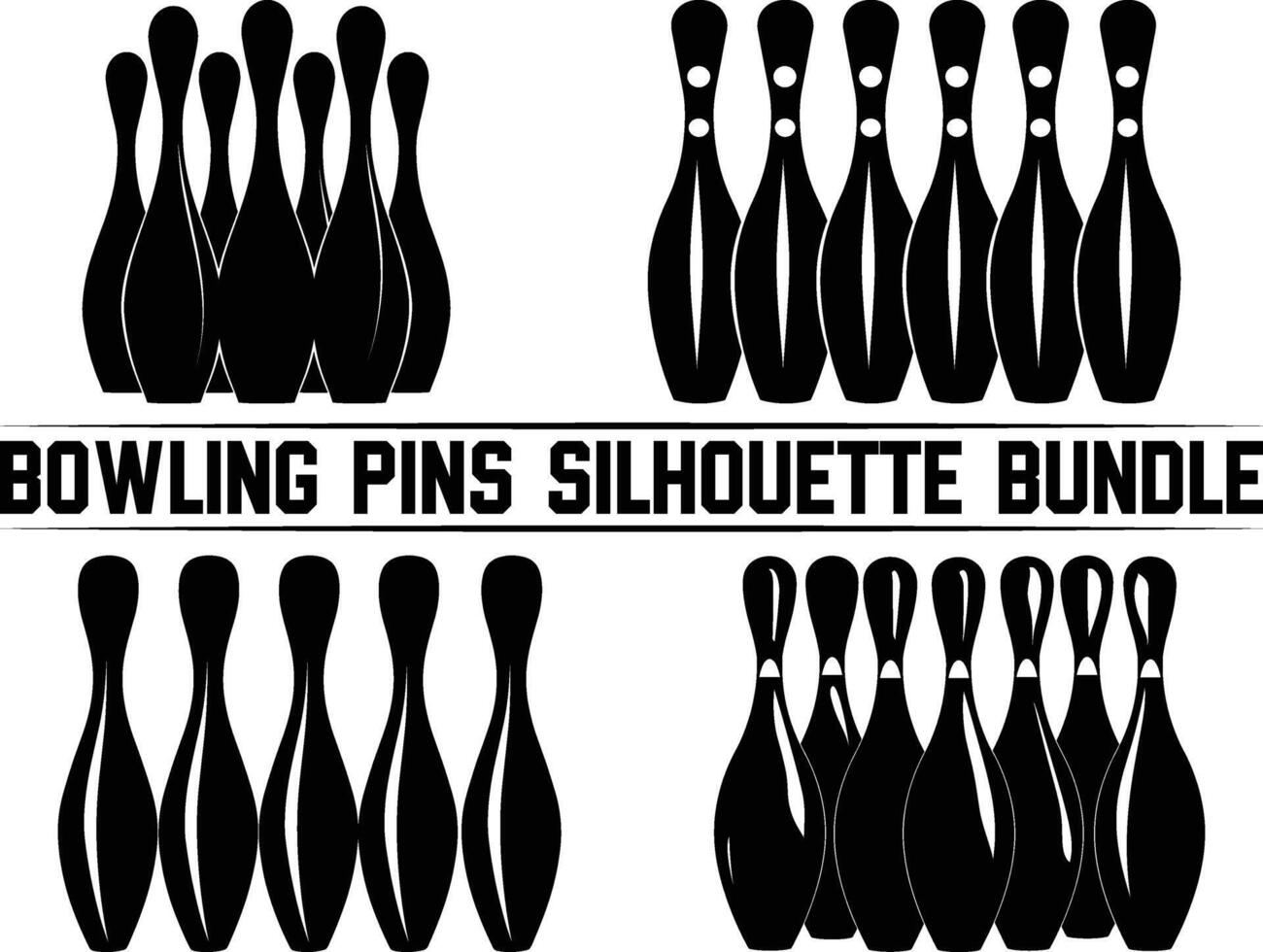 Bowling pins silhouette bundle, Bowling pins icon set, bowling pins standing at the end of a alley, Bowling illustration, simple silhouette design. vector