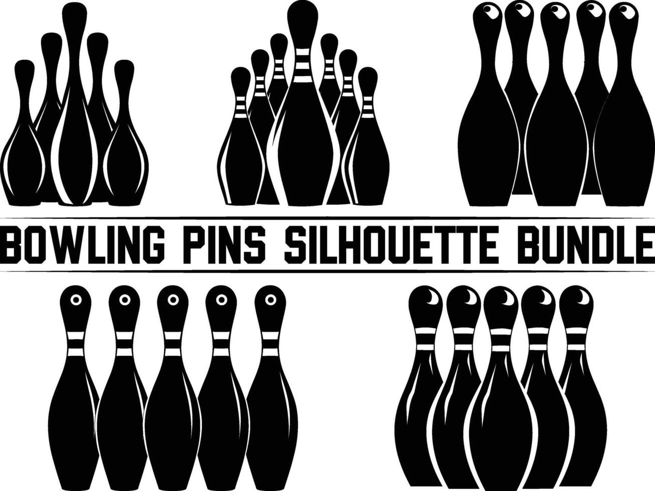 Bowling pins silhouette bundle, Bowling pins icon set, bowling pins standing at the end of a alley, Bowling illustration, simple silhouette design. vector