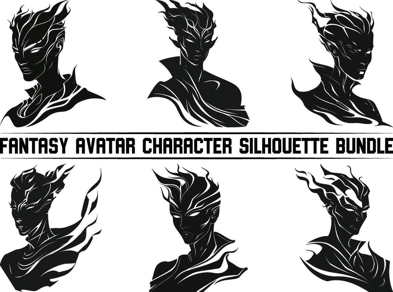 Fantasy avatar character silhouette bundle, warrior knight fighter, medieval RPG game role classes icon set, magic wizard. male elf face, troll, viking head, fairy tale orc, death. Fantasy character. vector