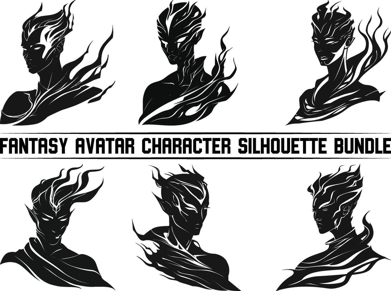 Fantasy avatar character silhouette bundle, warrior knight fighter, medieval RPG game role classes icon set, magic wizard. male elf face, troll, viking head, fairy tale orc, death. Fantasy character. vector