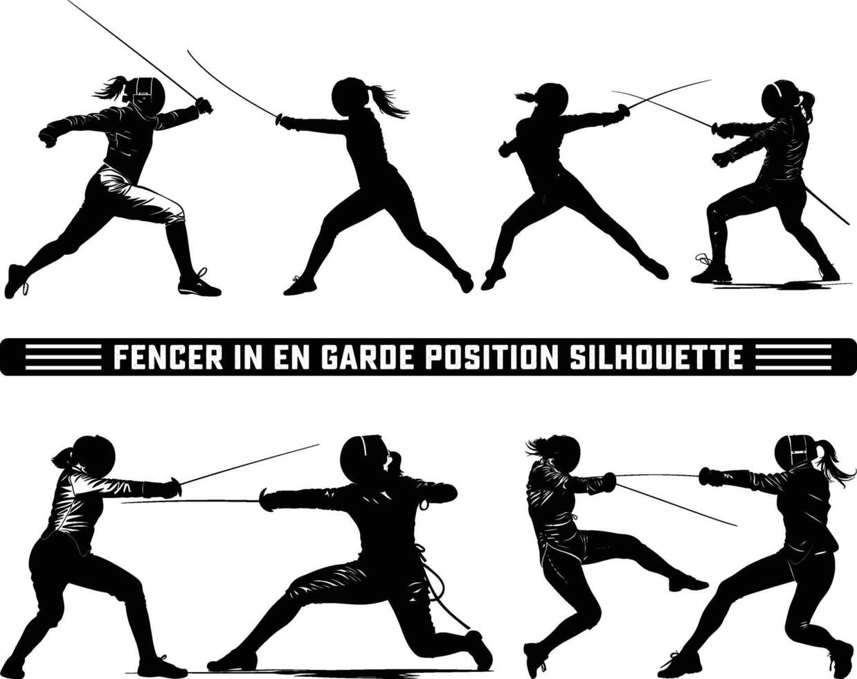 fencer in en garde position silhouette, Fencer in En Garde Position with Sword Ready - Perfect Silhouette Against white Background. vector
