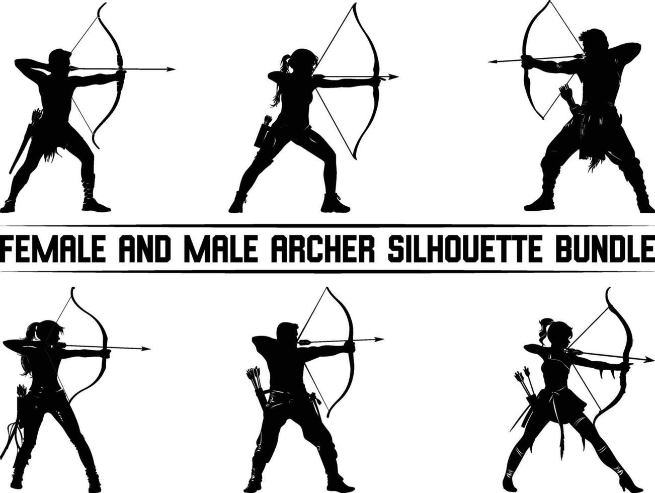 Archer silhouettes bundle, isolated on white background. Man archer bending bow and aiming in target. Sportsman holds the bow and arrow. Men shooting arch. vector