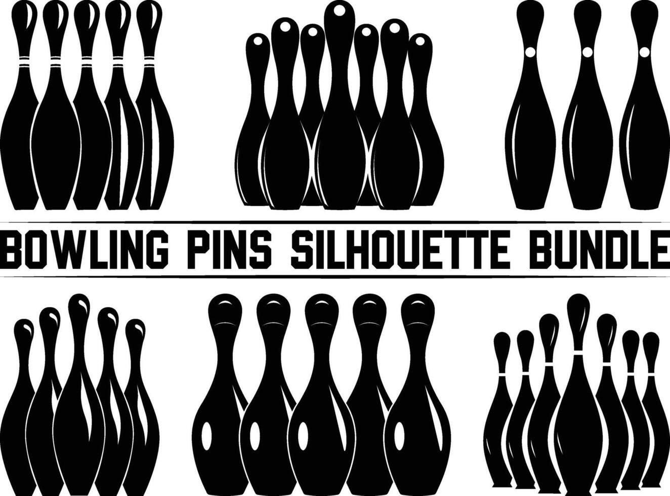 Bowling pins silhouette bundle, Bowling pins icon set, bowling pins standing at the end of a alley, Bowling illustration, simple silhouette design. vector