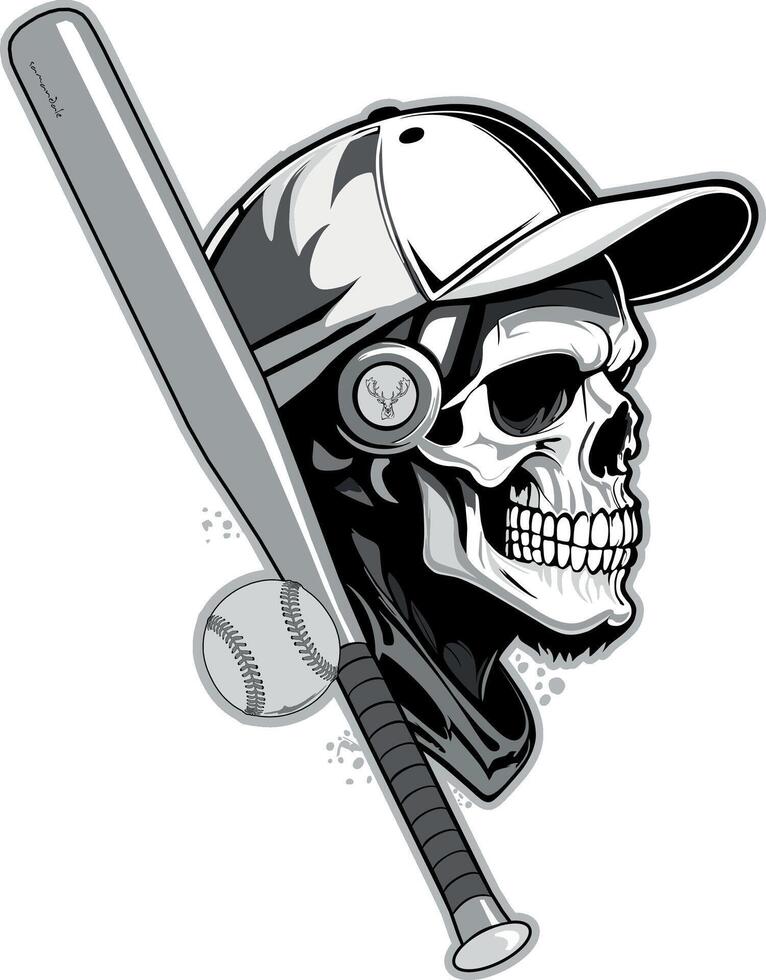 skull with a hat, a bat and a baseball. vector