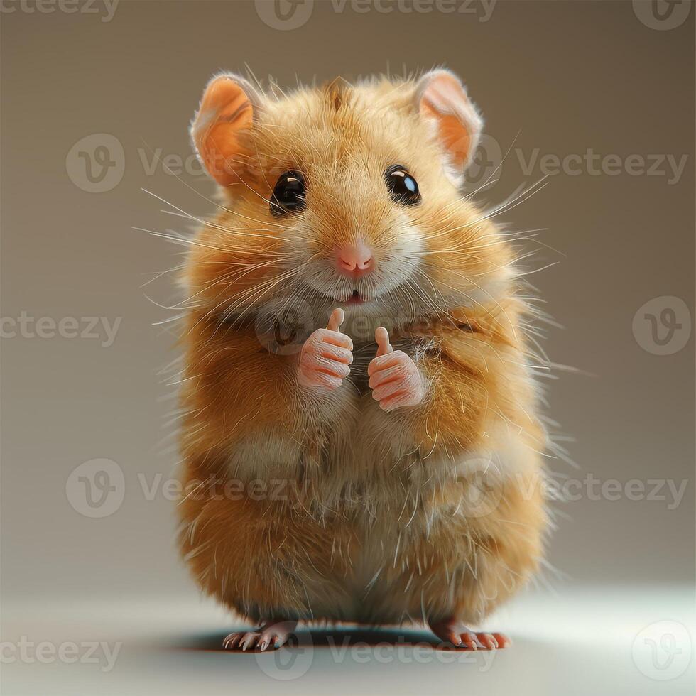 A small golden hamster stands on a white surface. The hamsters fur is soft and fluffy, and it has large, black eyes and a pink nose. The hamster is giving two thumbs up with its tiny paws. photo
