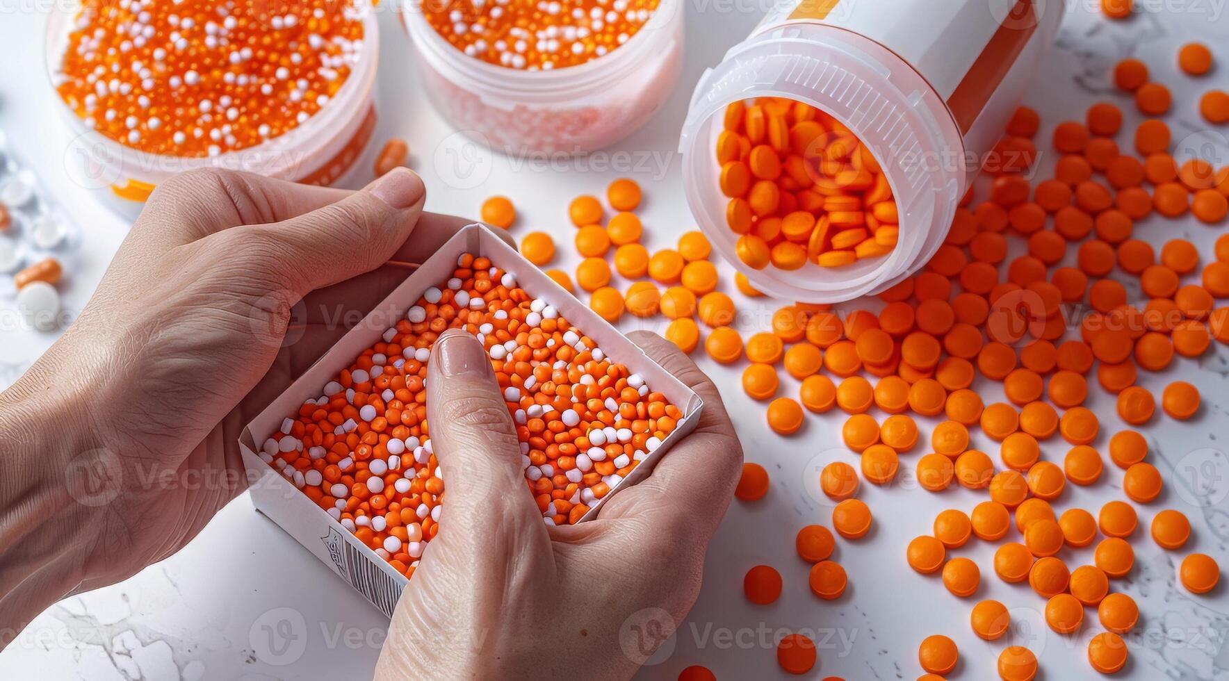 An image showing a persons hands holding an open container of orange and white pills. The container is on a white surface with several other orange pills scattered nearby. photo