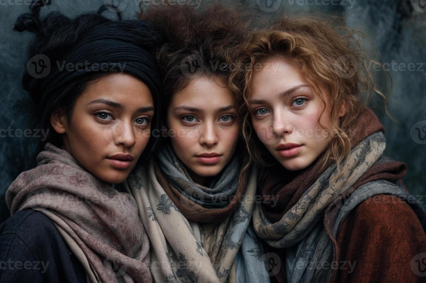 Portrait of Three Women with Scarves in Natural Light photo