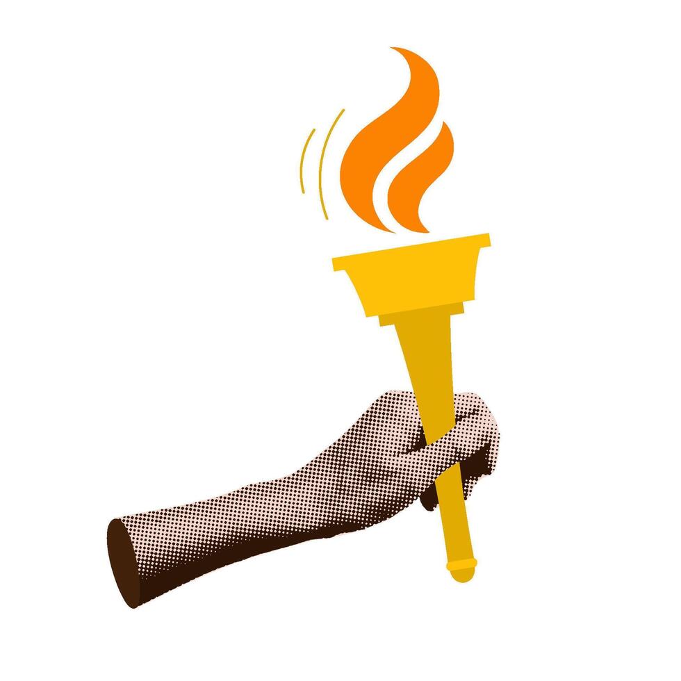 Halftone collage hand holding torch with burning fire. Trendy retro illustration for mixed media design vector