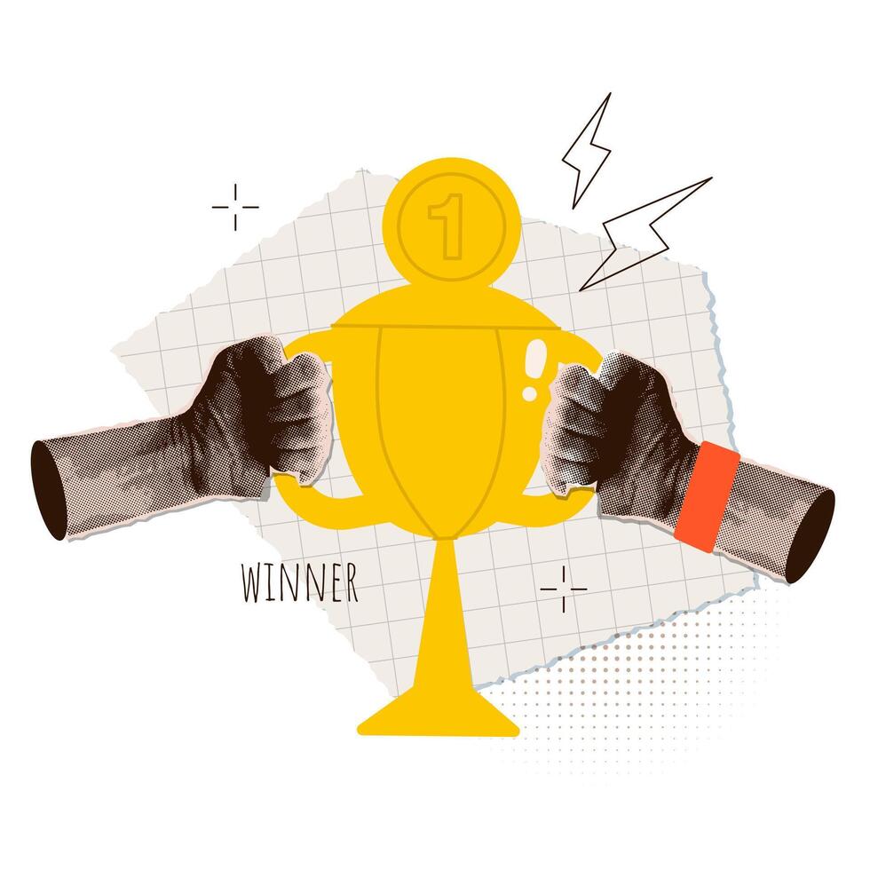 Who hands holding trophy cup in trendy halftone collage style. Business success, sport victory, education goal achievement concept. Trendy realistic dotted torn out paper illustration vector