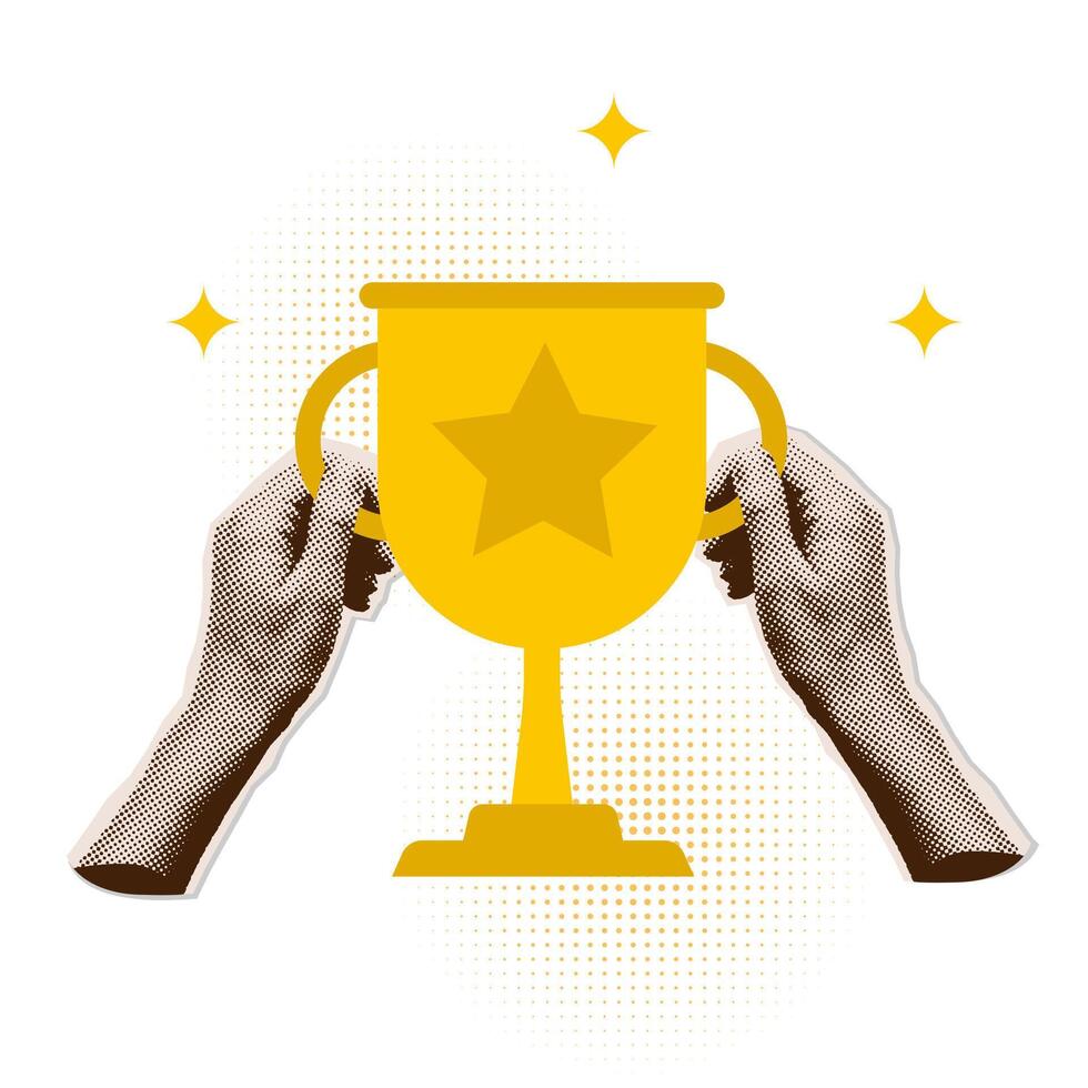 Two Hands holding gold trophy cup. Award for win. Comic illustration in halftone collage art style with dotted effect. vector