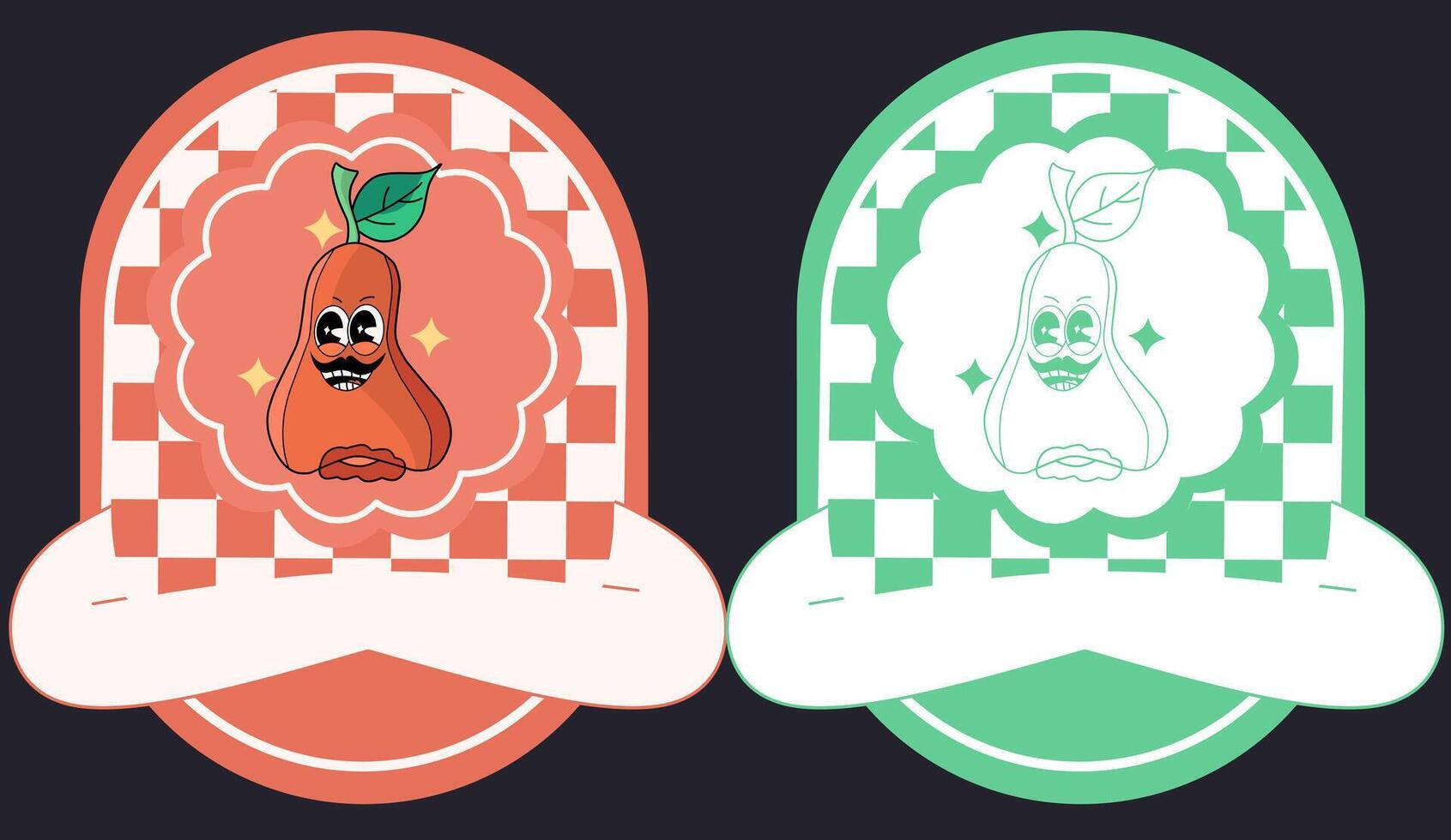 playful cartoon illustration of a rose apple mascot with big, friendly eyes and a cheerful smile.The background is a colorful chess pattern with a ribbon banner at the top.Sticker Label for Rose Apple vector
