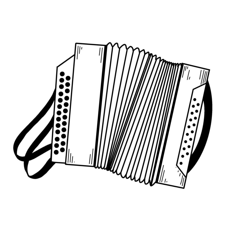 Russian folk instrument. An accordion with buttons and a belt, drawn in in black. Suitable for printing on posters, invitations, cards, for design vector