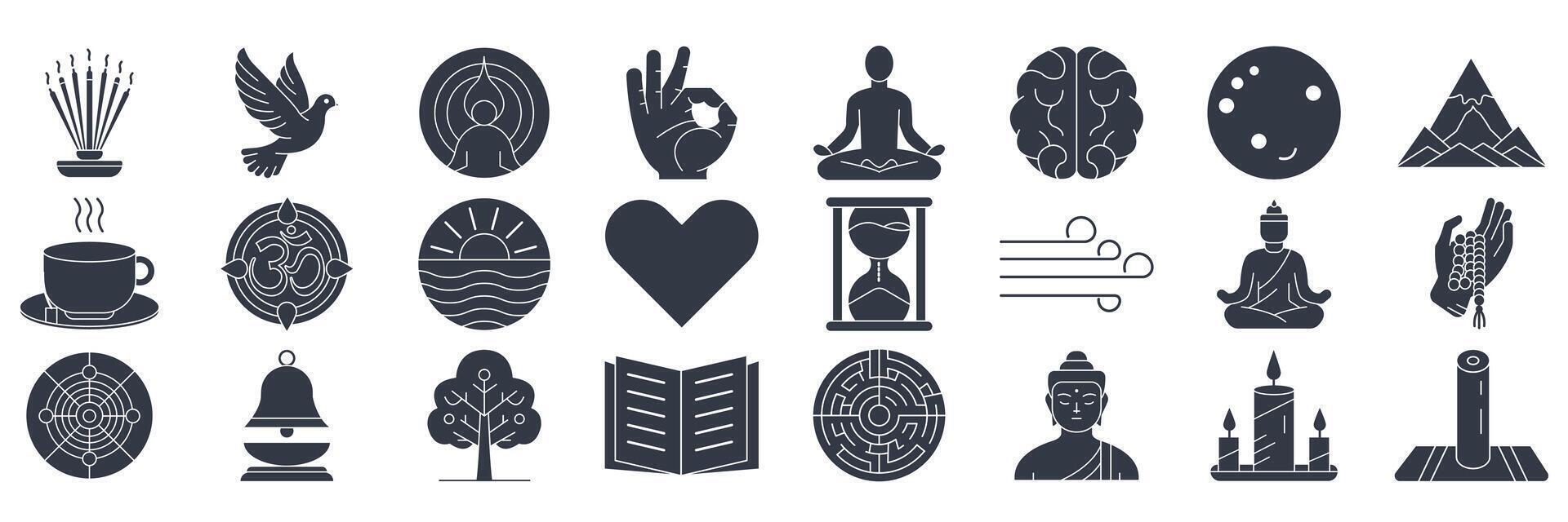 meditation icons set, Included icons as Lotus Pose, Candle, Labyrinth, Hourglass and more symbols collection, logo isolated illustration vector
