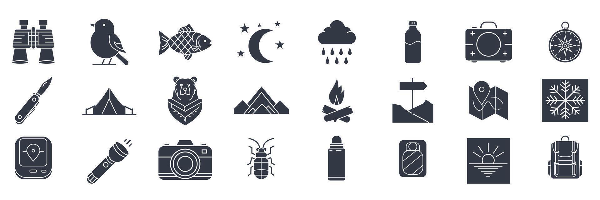 Outdoor Adventure Hiking icons set, Included icons as Compass, Rain Cloud, Camera, Bird and more symbols collection, logo isolated illustration vector