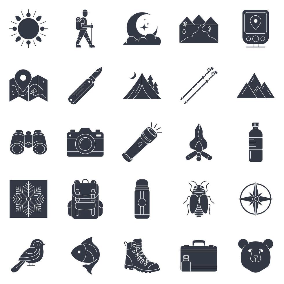 Outdoor Adventure Hiking icons set, Included icons as Backpack, Binoculars, Thermos, Tree and more symbols collection, logo isolated illustration vector