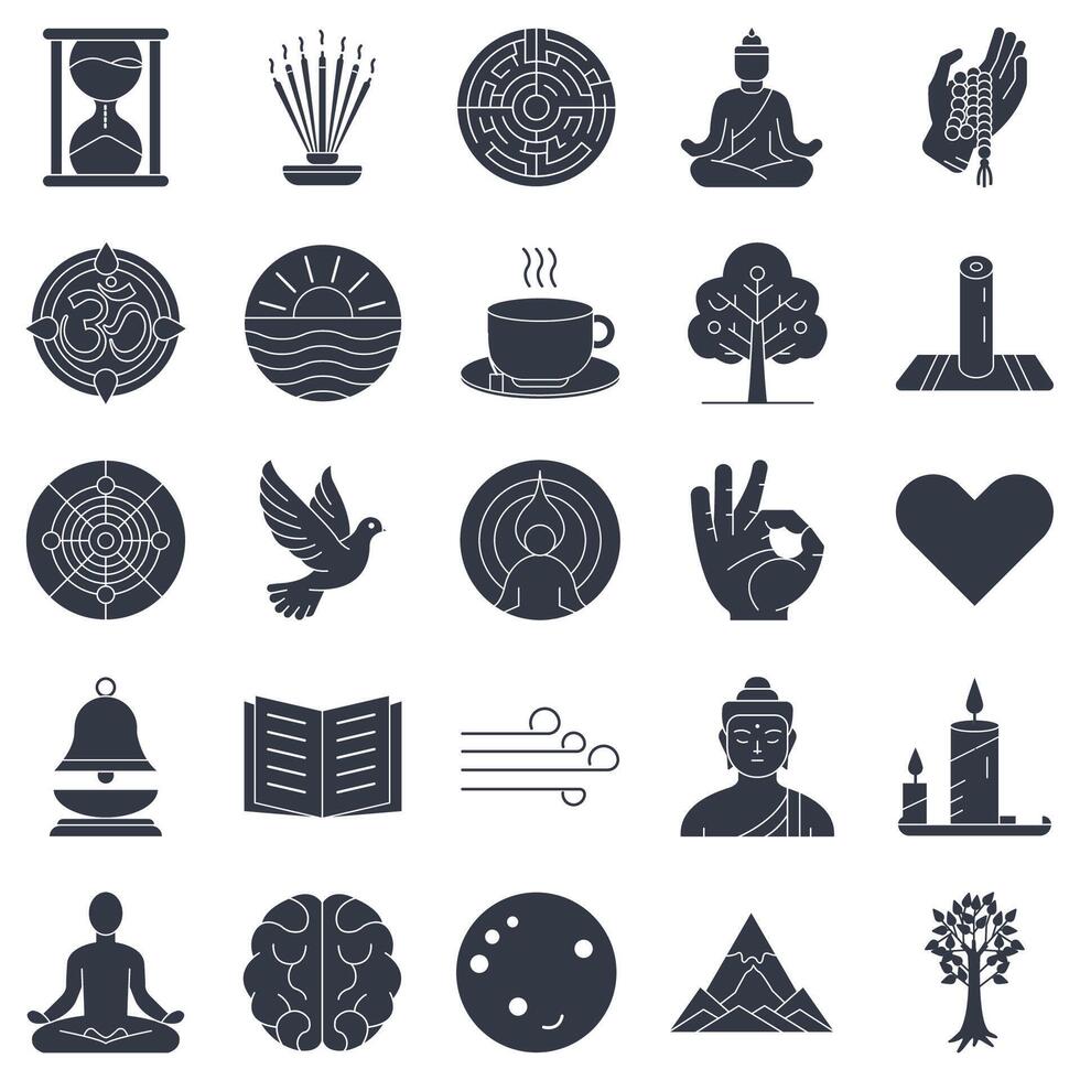 meditation icons set, Included icons as Lotus Pose, Candle, Labyrinth, Hourglass and more symbols collection, logo isolated illustration vector