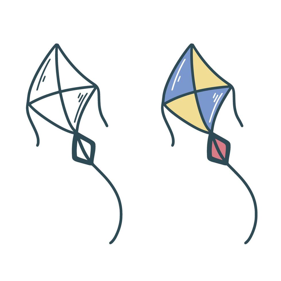 Flying kite colored and black doodle sketch style illustration vector