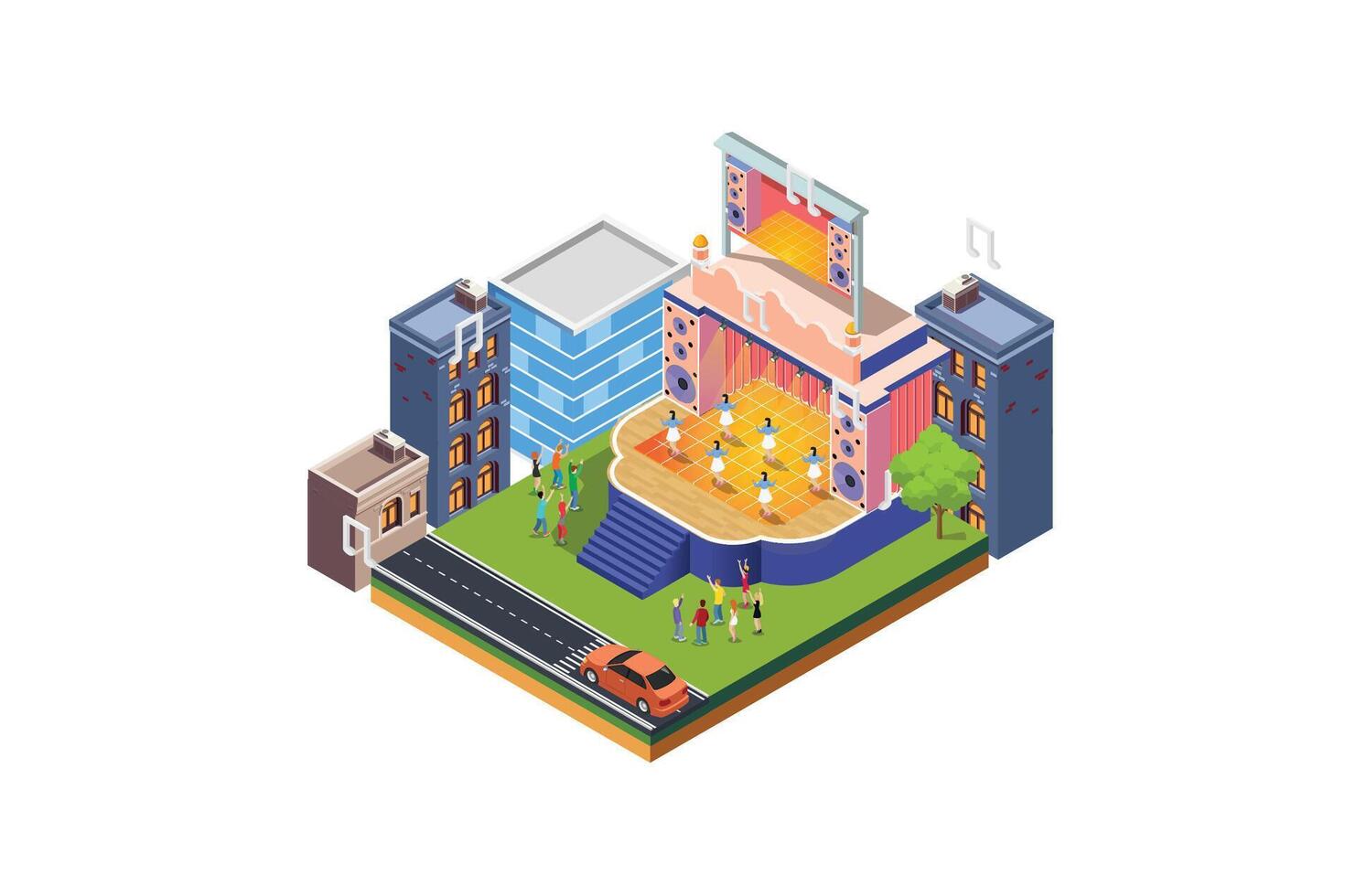 Roadside Music Festival illustration with cars lined up, 3d Isometric View of Party Elements, people dancing, trucks. Concert Background and Stage Landscape. Musical Event illustration vector