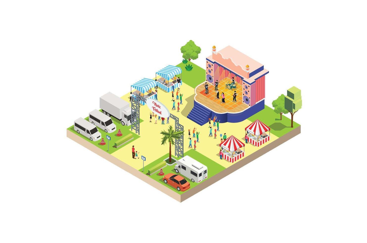 Music Festival Illustration Concept 3d Isometric View of Party Elements, camper van, bus. Concert Background and Stage Landscape. Musical Event illustration vector