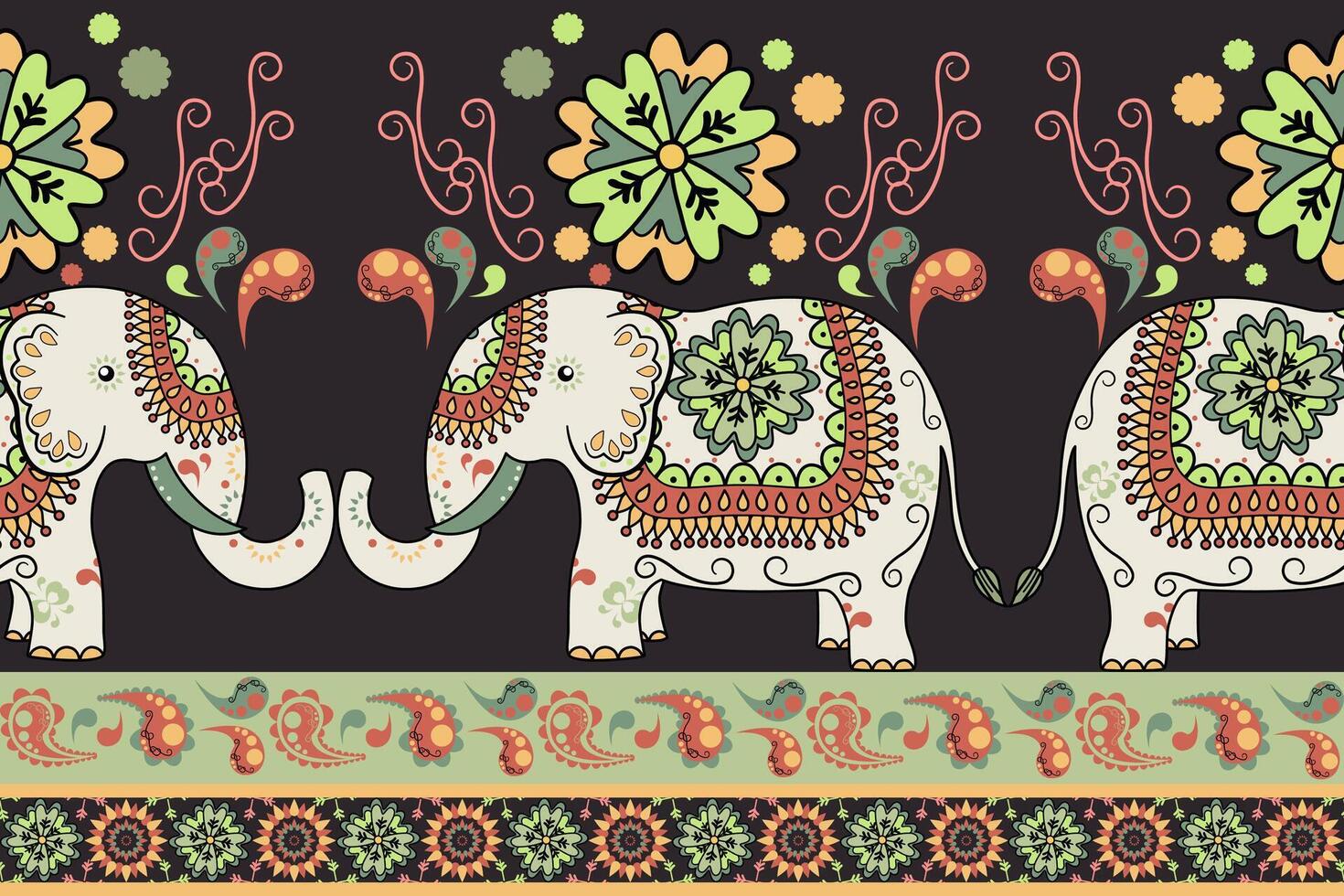 Elephant seamless pattern. Ethnic elephant with ornate border traditional decorated elephant design for carpet, wallpaper, clothing, textile, wrapping, Batik, fabric, tile, and embroidery style. vector