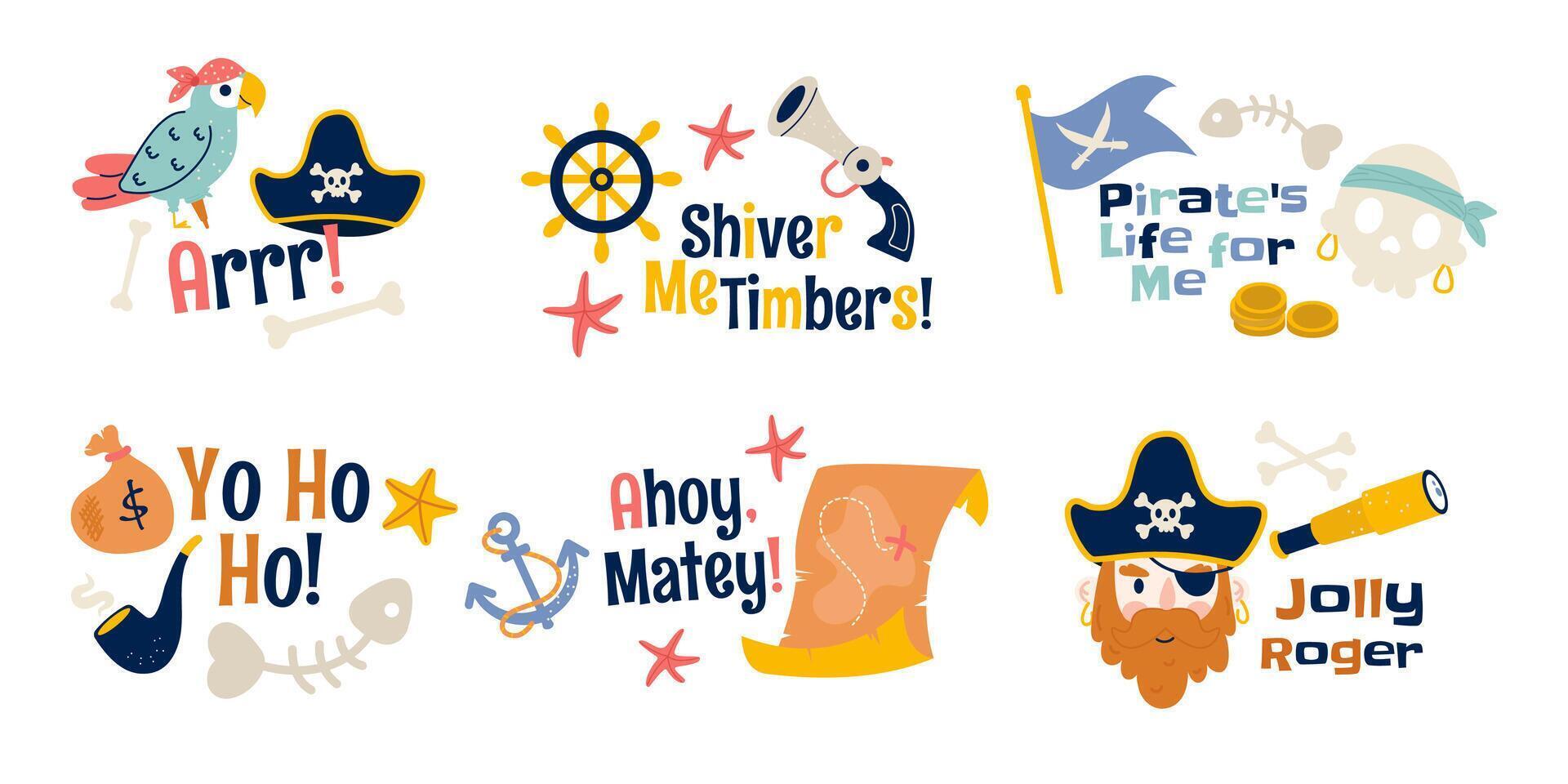 Pirate labels with letteting flat style vector