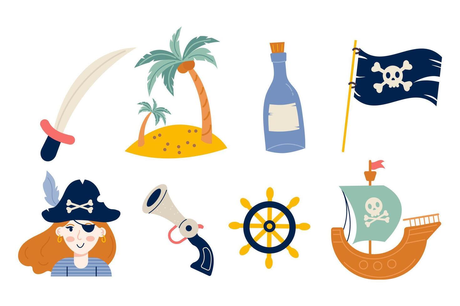 Set pirate elements flat design on a white background vector