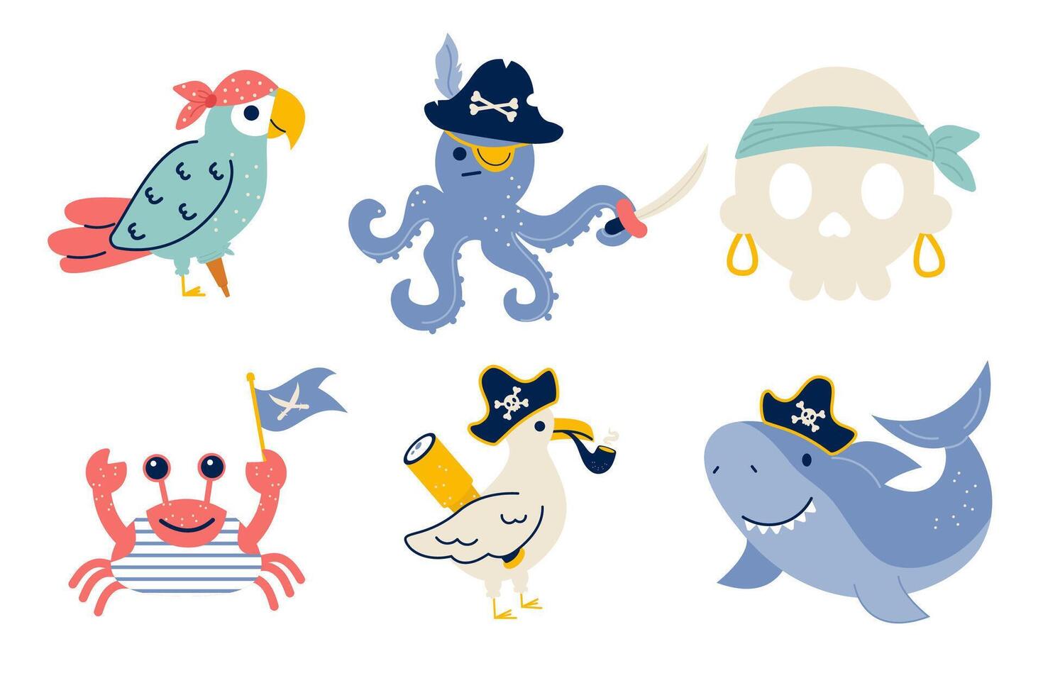 Collection of pirate characters octopus parrot shark crab skull flat style vector