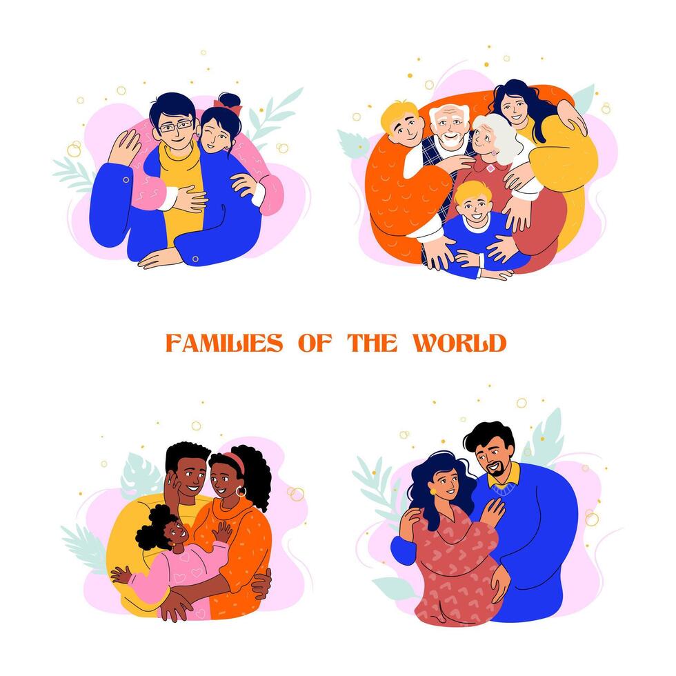 Happy diverse families, tender hug. Doodles vector