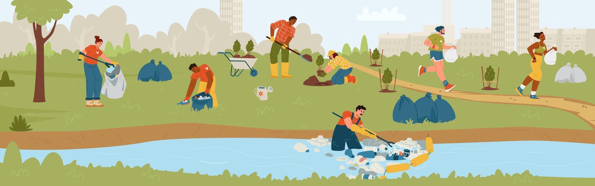 Eco volunteers cleaning river, collecting trash, planting trees, plogging outdoors flat banner. Community of eco concerned people. vector