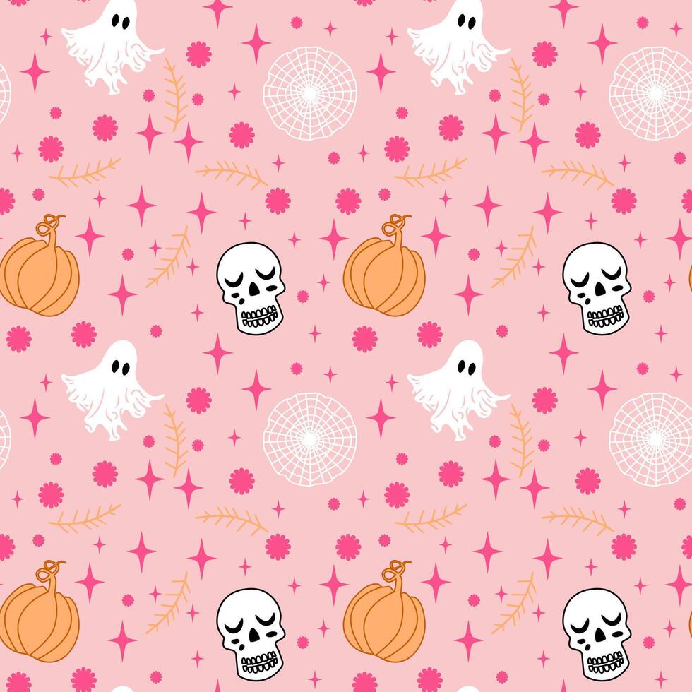 seamless pattern pink Halloween, not scary at all. Cute skulls, good ghost, pumpkin, cobweb and fuchsia splashes on a pink background vector