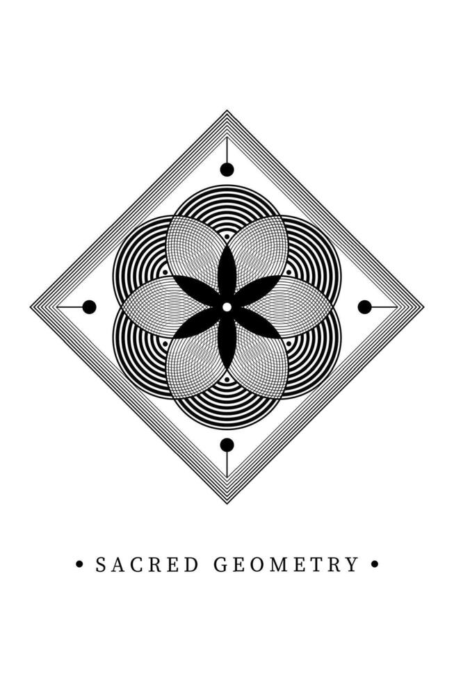 Seed Flower of life lotus icon, logo mandala sacred geometry, tattoo symbol of harmony and balance. Mystical talisman, interlocking of black circles lines isolated on white background vector