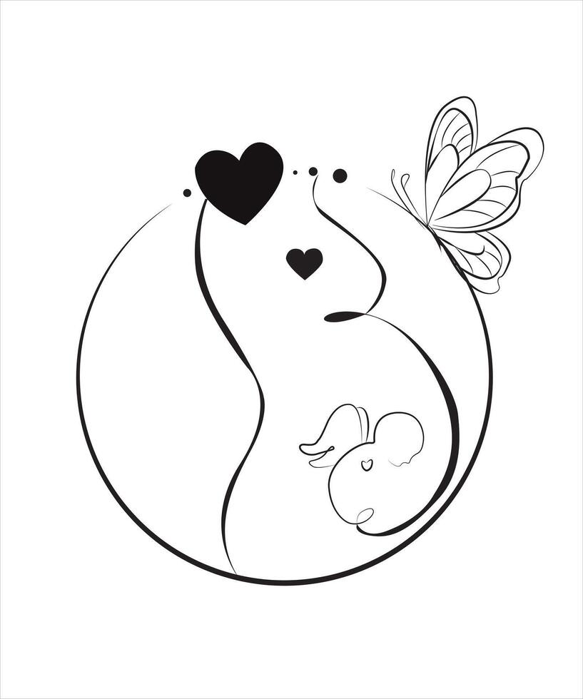 Handdrawn line art style mom and baby illustration art. vector