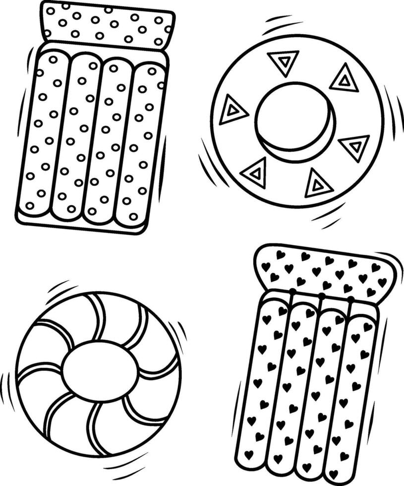 A cartoon set with inflatable circles and swimming mattresses for the pool and the sea. Funny illustration of summer swimming toys. illustration vector