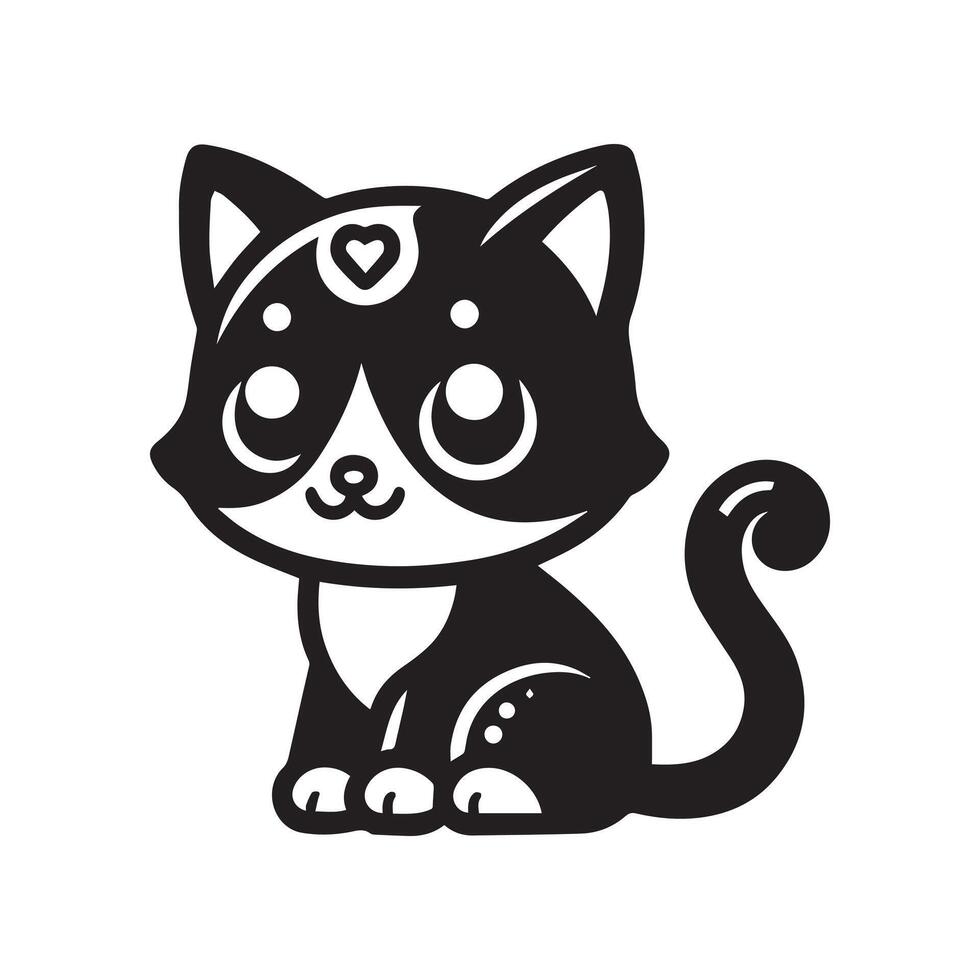 Black and white Cute Cat in Silhouette illustration vector
