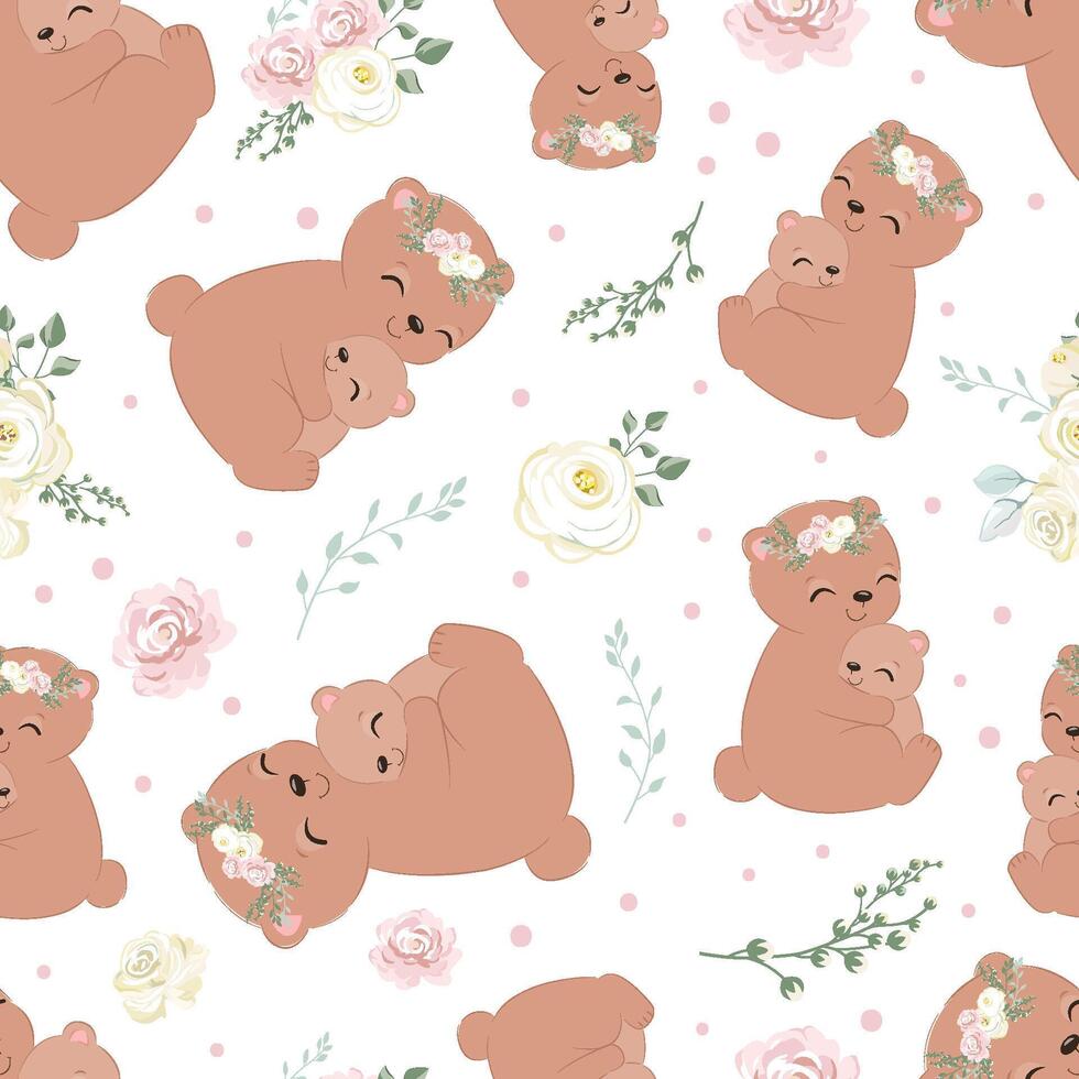 Cute mom and baby bear seamless pattern vector