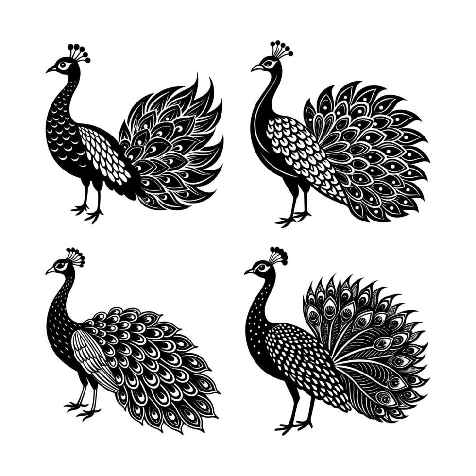 A Set of Highly Detailed Peacock Silhouette vector