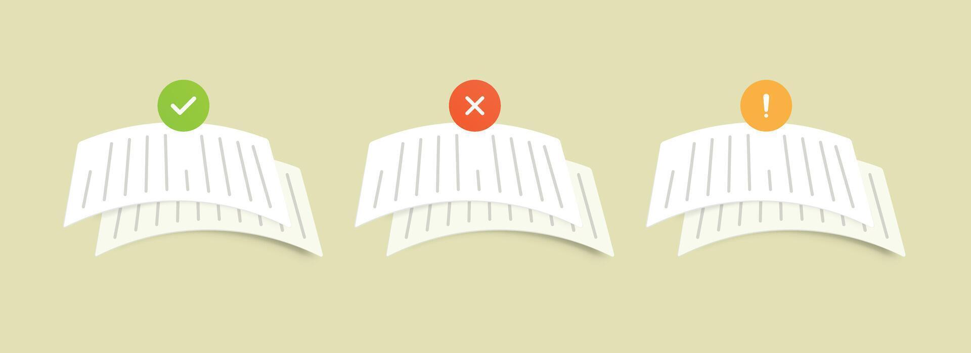 Text Documents minimalist illustration with check, cross, and exclamation mark icon vector