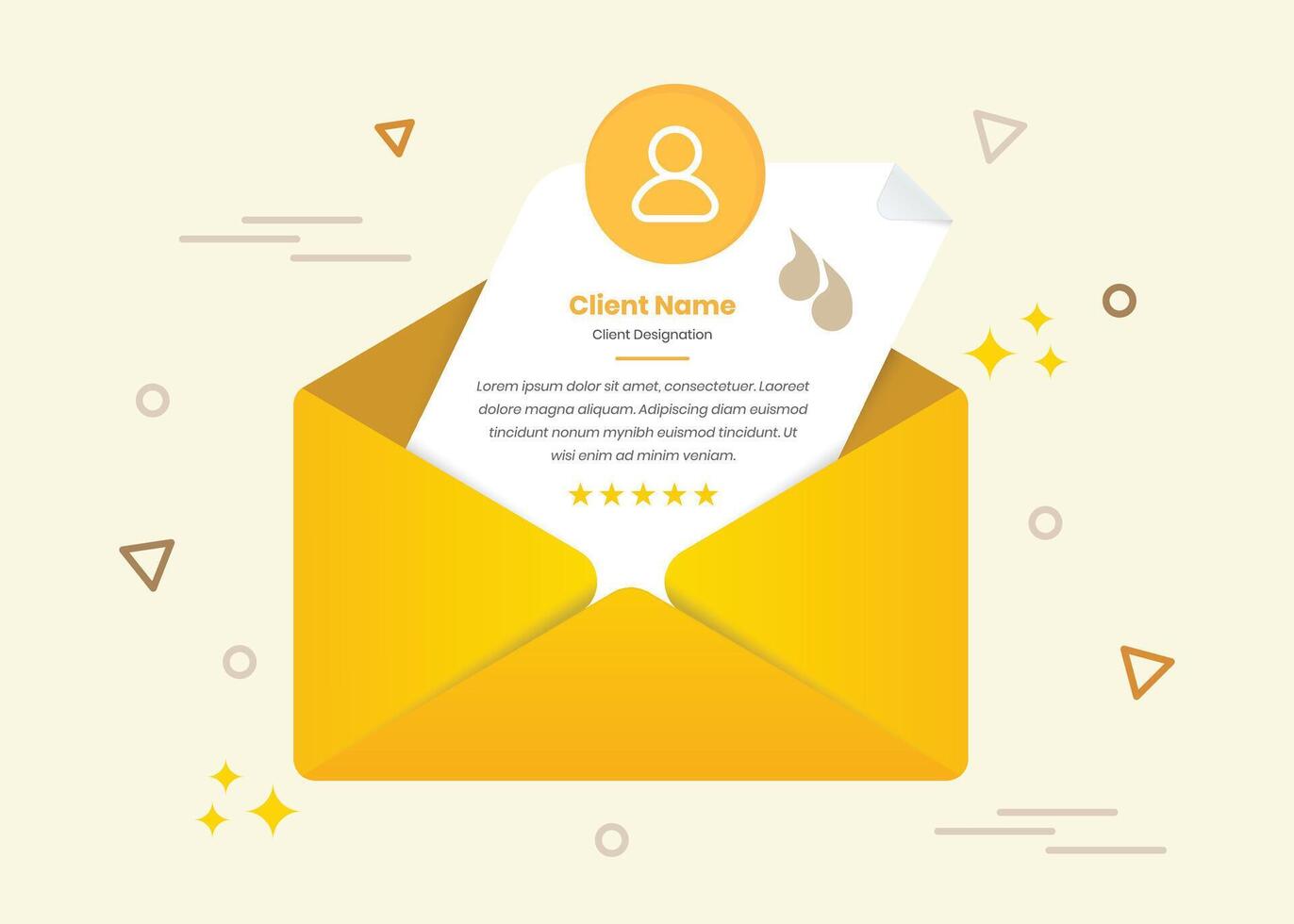 Client feedback or testimonial template with open envelope letter style illustration vector