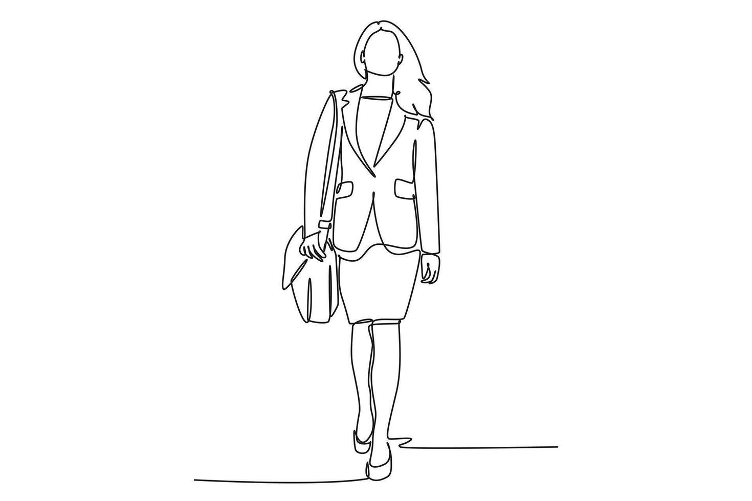 Single one line drawing young female manager walking in hurry at city street try not be late for work meeting at office. Urban commuter worker. Continuous line draw design graphic illustration vector