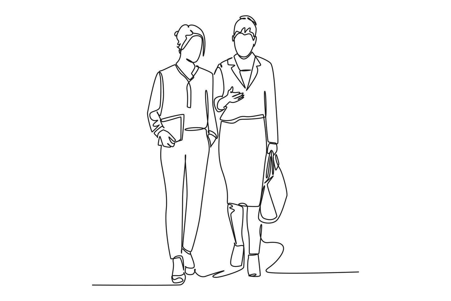 Single one line drawing of two young female managers walking in hurry while discussing about financial report at they company. Urban commuter worker. Continuous line design graphic illustration vector