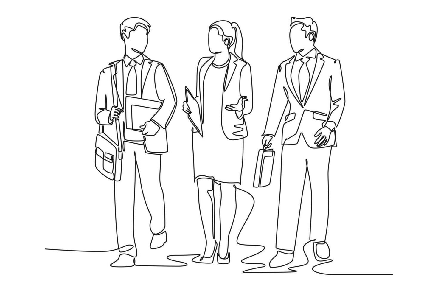 Single continuous line drawing of young male and female managers talking and walking together on office parking area. Urban commuter workers. Dynamic one line draw graphic design illustration vector