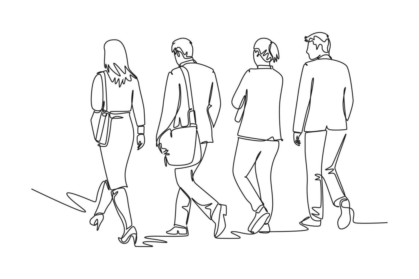 Single continuous line drawing back view of young male and female managers talking and walking together on office parking area. Urban commuter workers. One line draw graphic design illustration vector