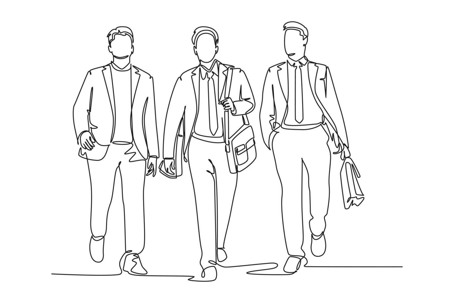Continuous one line drawing young happy businessmen walking together and discussing new big collaboration project. Urban commuter workers concept. Single line draw design graphic illustration vector
