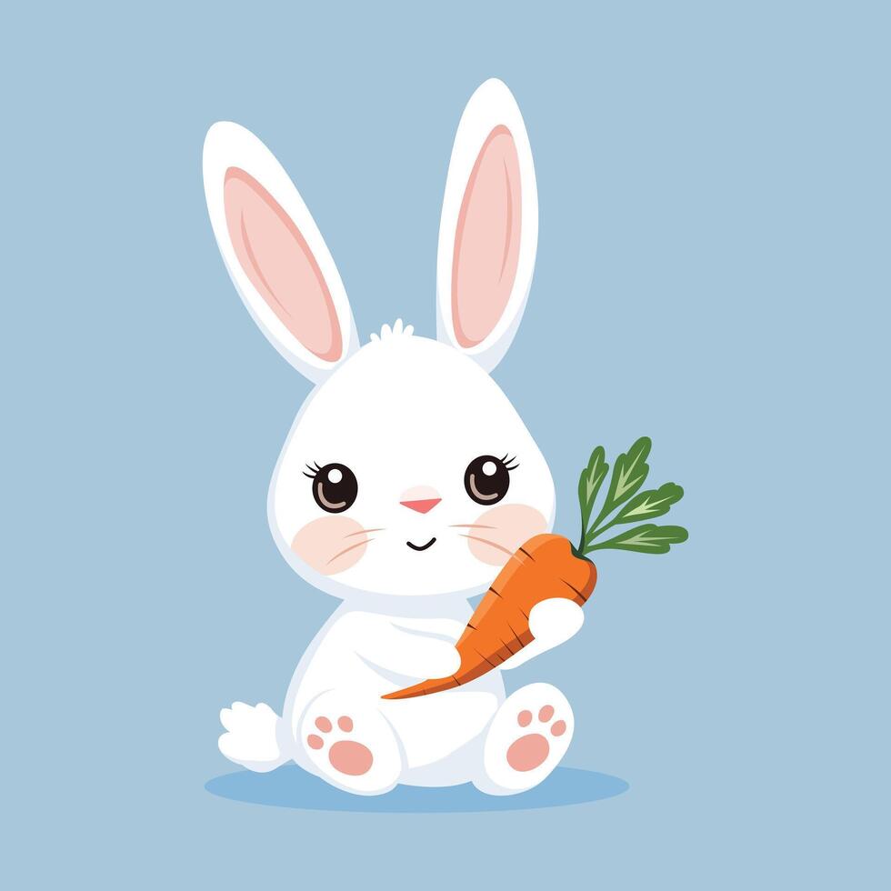 illustration of a bunny with oversized ears holding a carrot on a light blue background vector