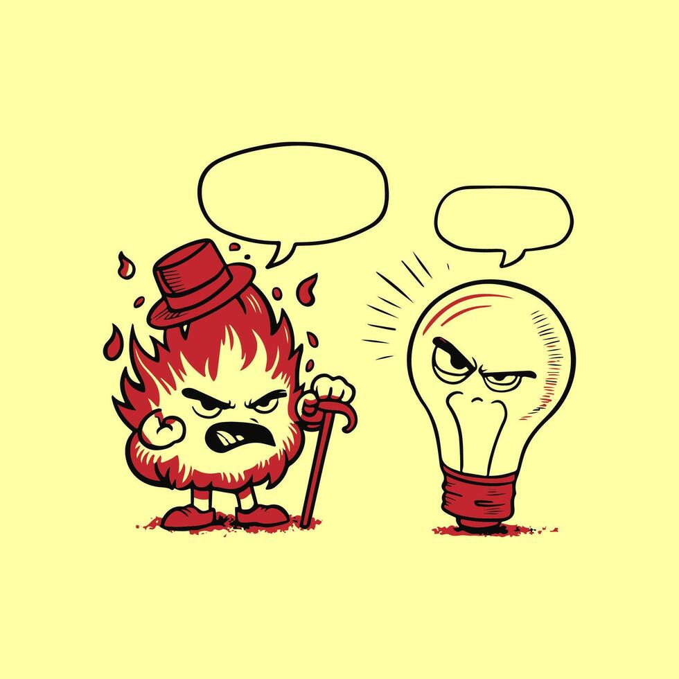 Funny cartoon fireman and light bulb with speech bubbles. vector