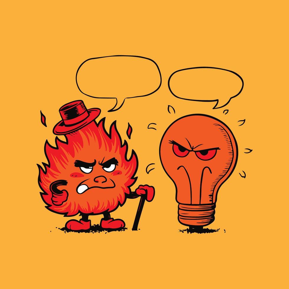 Funny cartoon fireman and light bulb with speech bubbles. vector