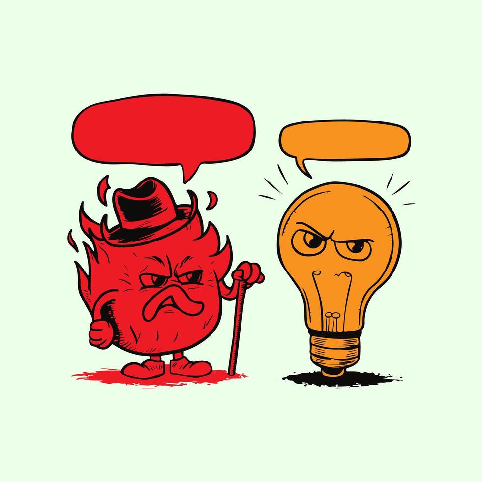 Funny cartoon fireman and light bulb with speech bubbles. vector