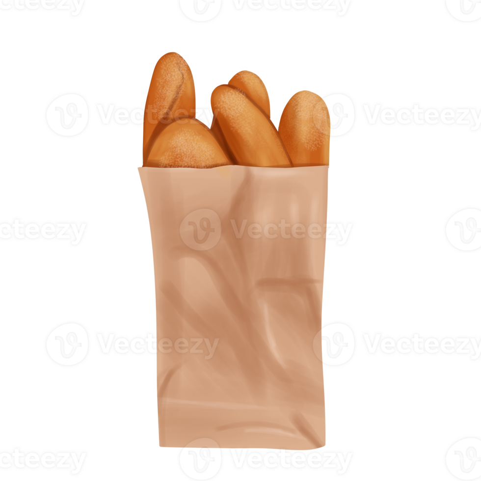 Baguette Bread on Brown Shopping Bag png
