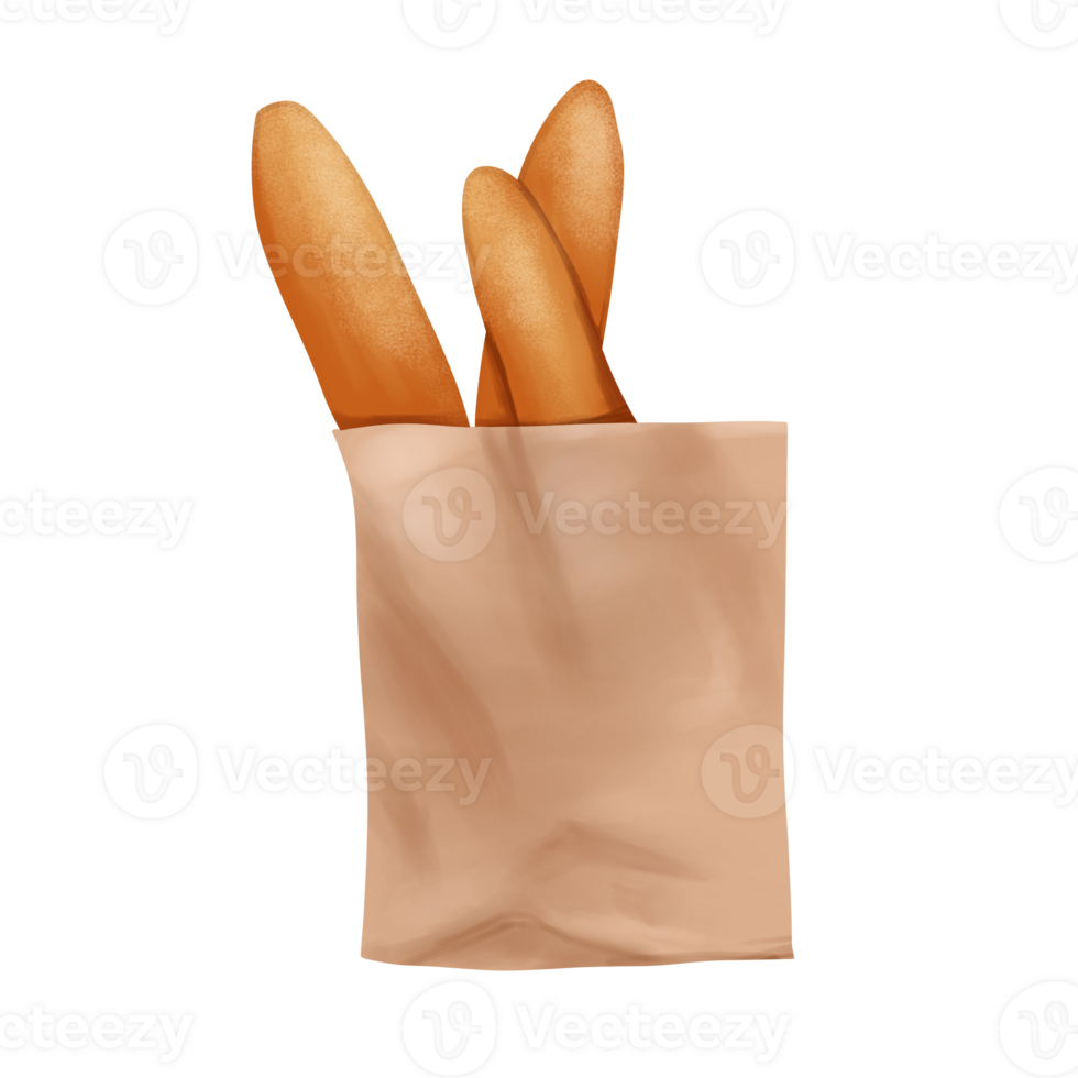 Baguette Bread on Brown Shopping Bag png