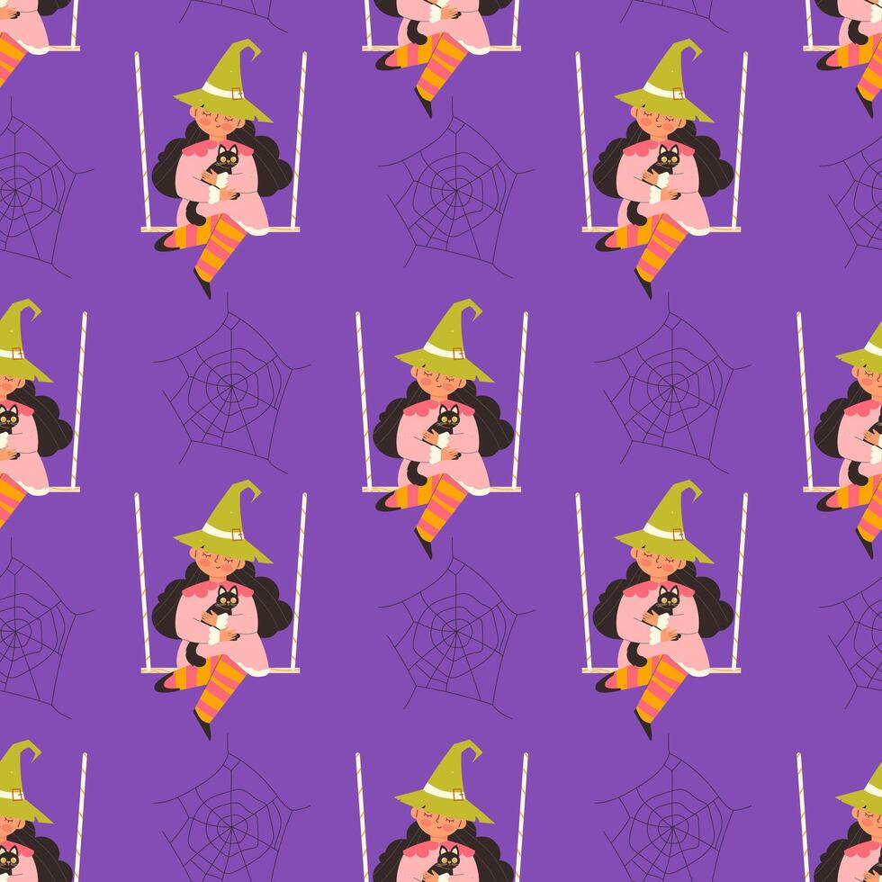 childrens cute background. Cute witch with black cat. Witchcraft and magic seamless pattern vector